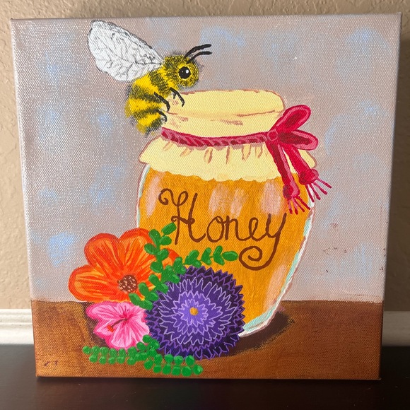 Vintage Original Acrylic Painting Honey Jar Still Life, Bee, Bumblebee, Floral - Picture 2 of 6